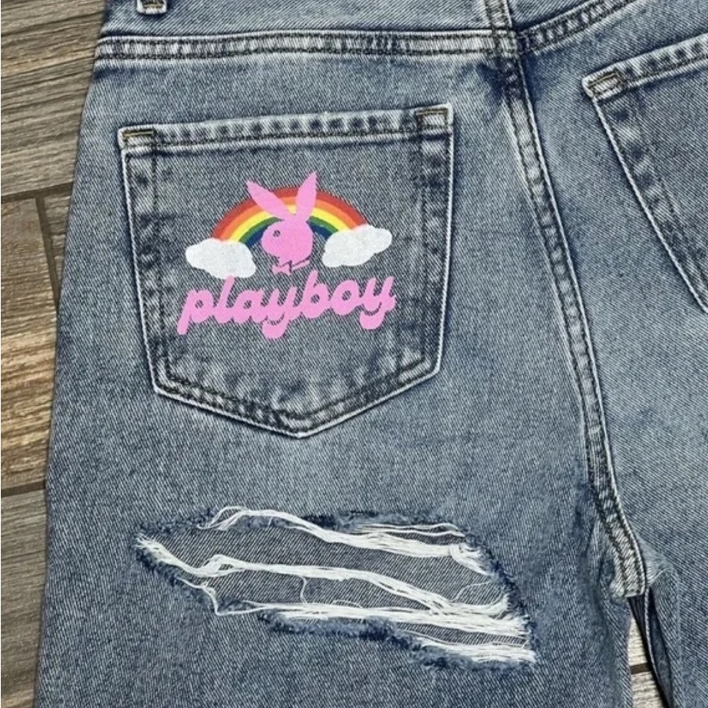Playboy Bunny '90s Over the Rainbow Boyfriend High Rise Ripped Butt Jeans - Picture 3 of 4